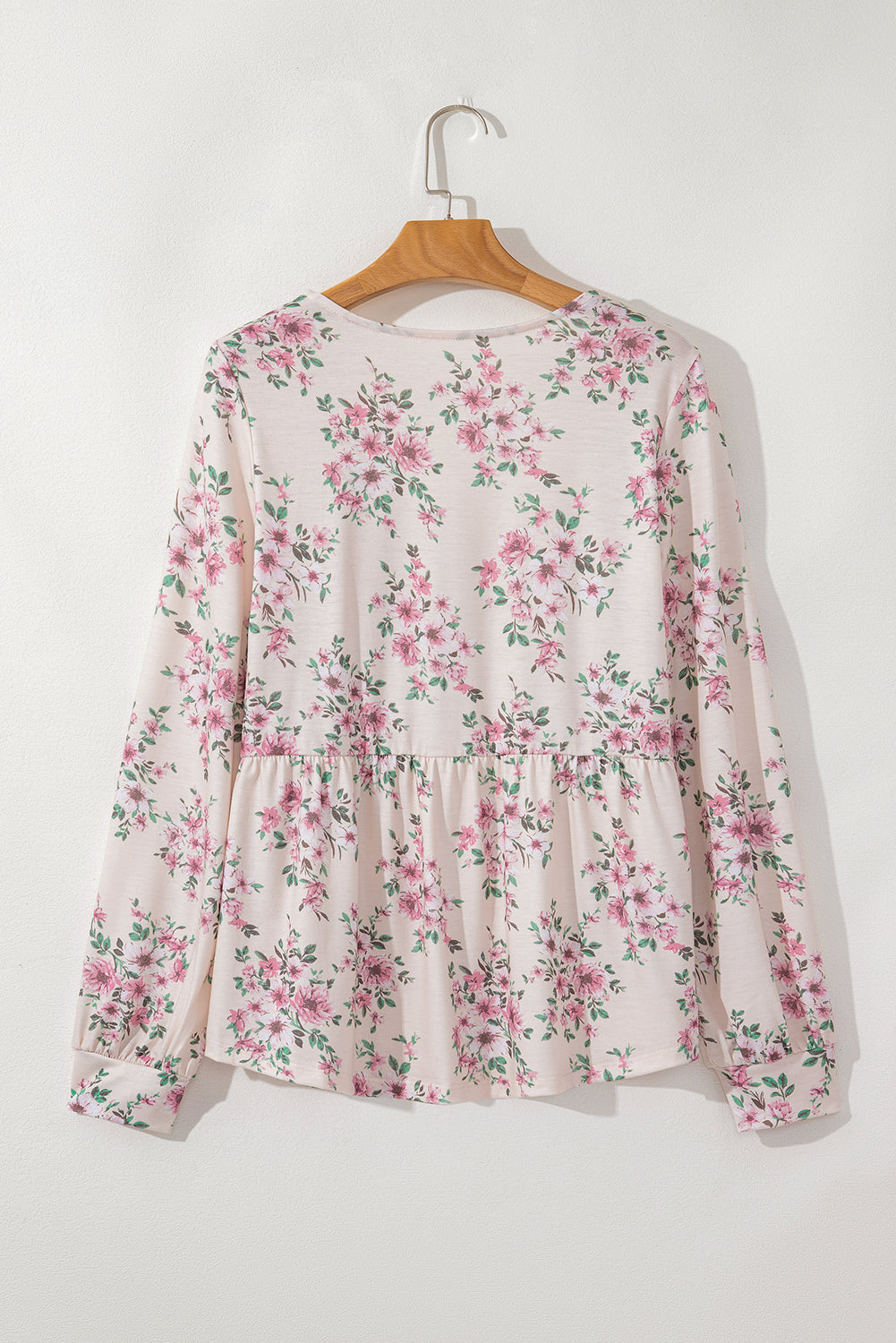 Pink Floral Print Pleated U Neck Loose Fit Blouse-Bella Boutique Collective