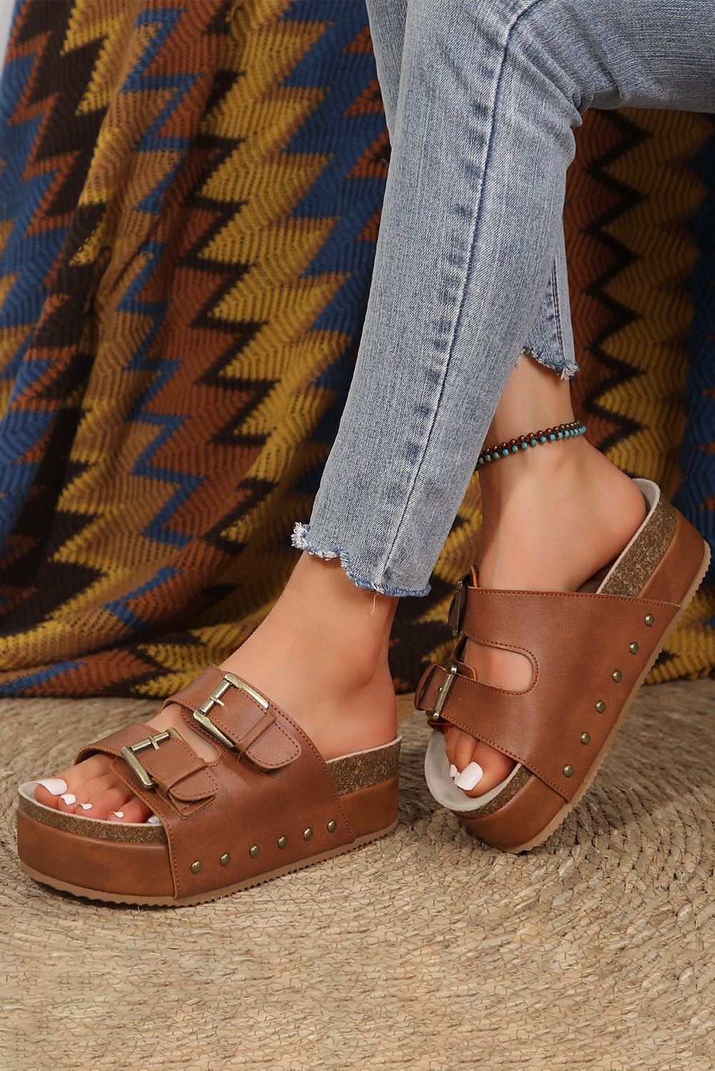 Chestnut Dual Buckle Studded Platform Sandal Slippers-Bella Boutique Collective