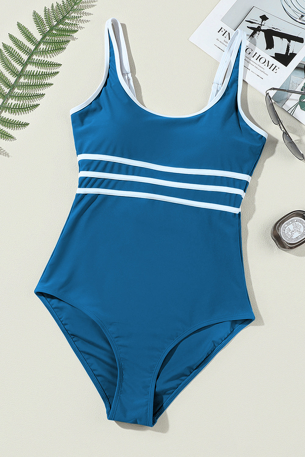 Dark Blue Contrast Trim Colorblock U Neck One Piece Swimwear-Bella Boutique Collective