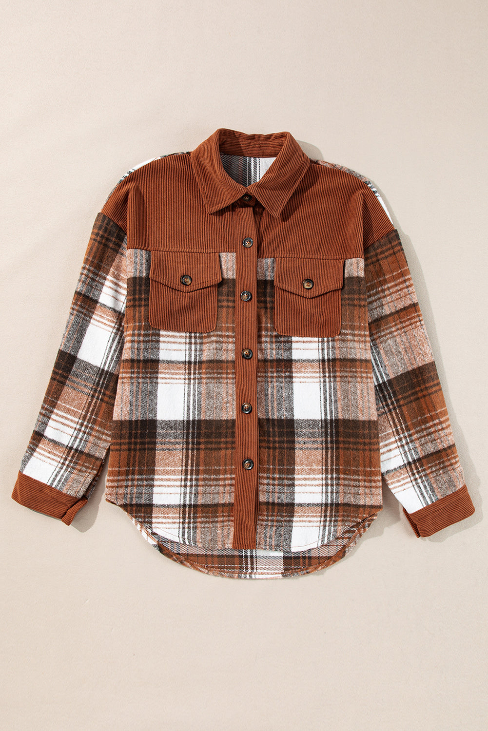 Cinnamon Plaid Corduroy Patchwork Chest Pocket Shacket-Bella Boutique Collective