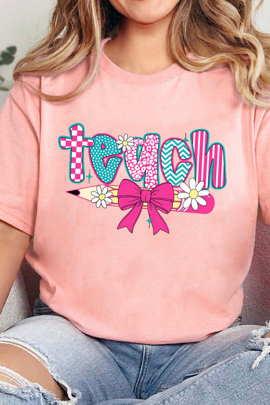 Pink Preppy Retro Checkered Coquette Teach Graphic T-Shirt-Bella Boutique Collective