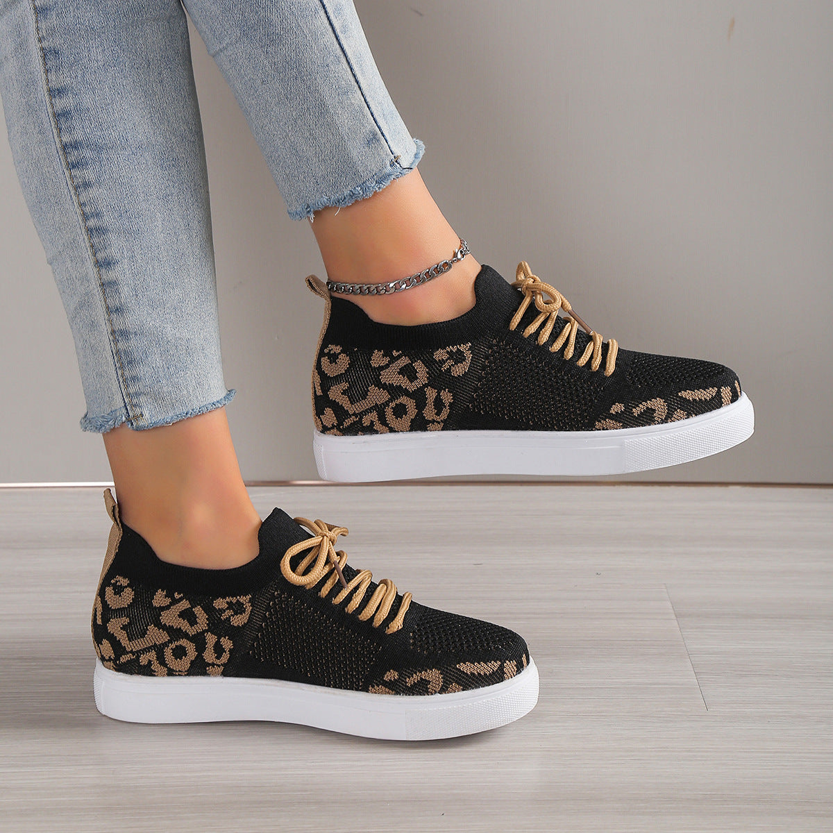 Lace-Up Leopard Flat Sneakers-Bella Boutique Collective