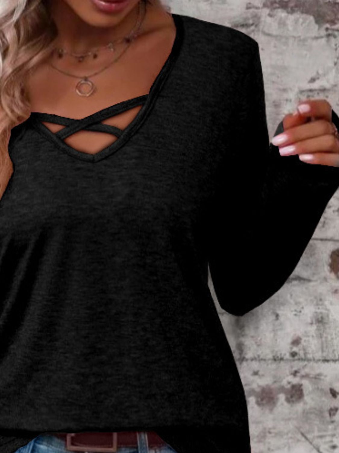 Crisscross V-Neck Long Sleeve T-Shirt-Bella Boutique Collective