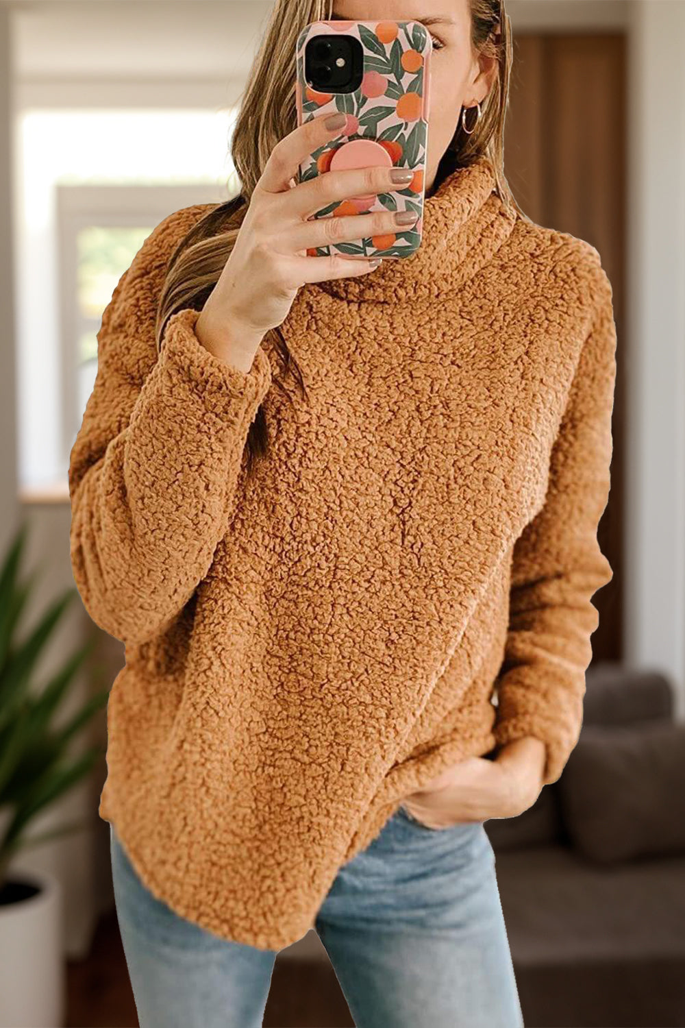 Fuzzy Turtleneck Long Sleeve Sweatshirt-Bella Boutique Collective