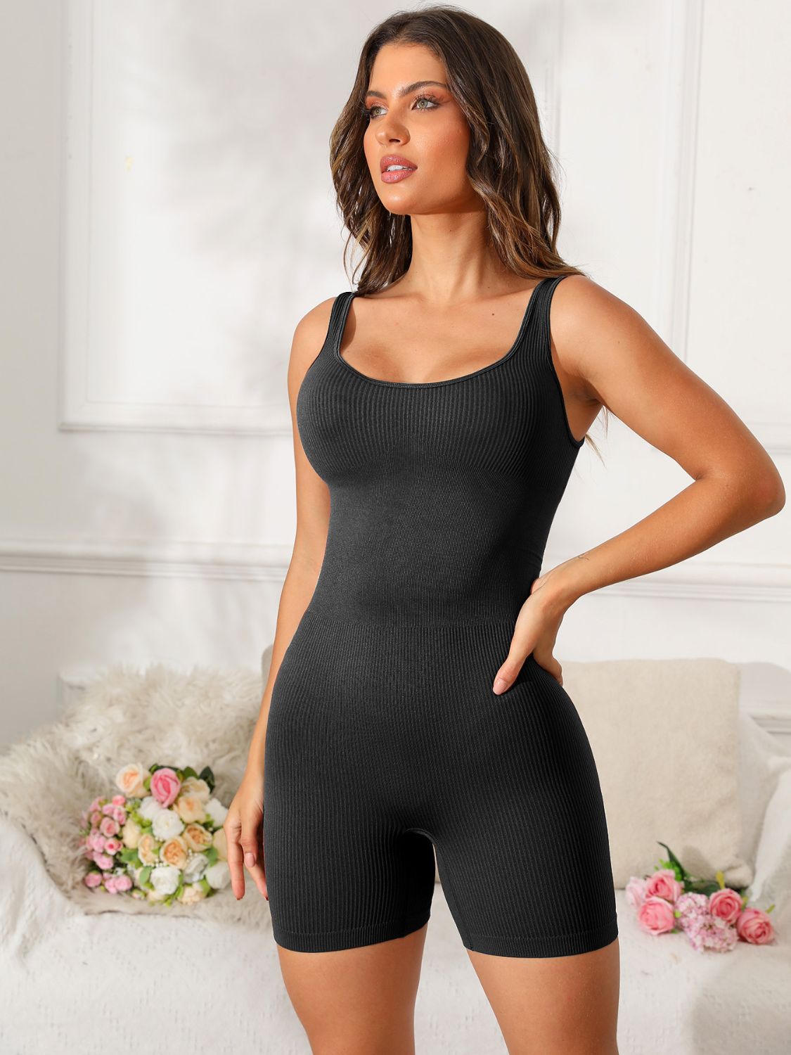 Scoop Neck Wide Strap Active Romper-Bella Boutique Collective