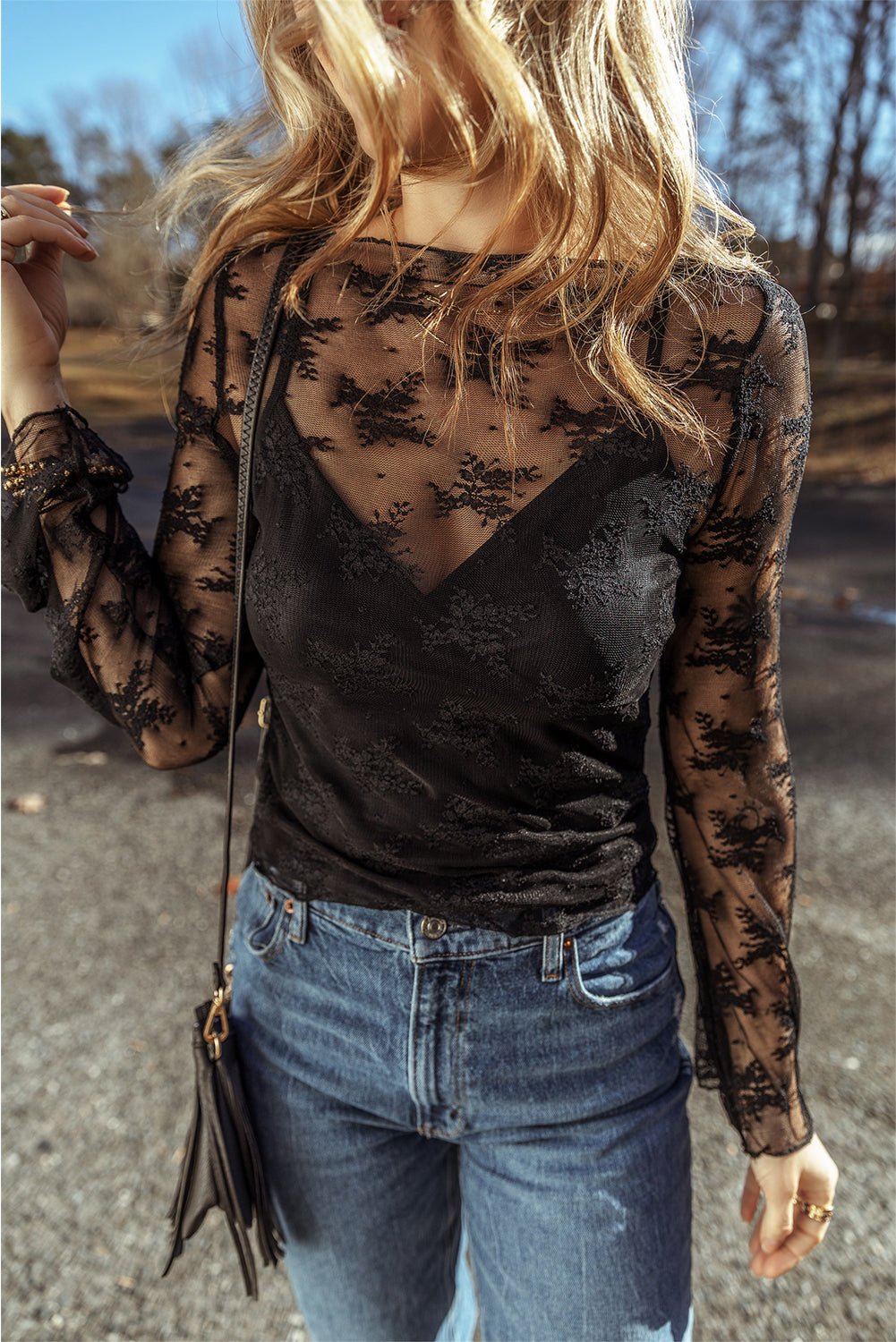 Black Lace Mesh Crochet Splicing Slim Fit Long Sleeve Blouse-Bella Boutique Collective