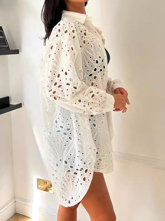 Cutout Collared Neck Long Sleeve Shirt-Bella Boutique Collective