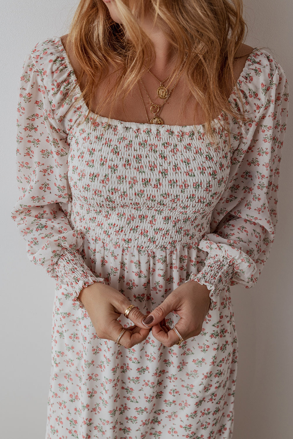 White Floral Print Shirred Ruffled Hem Square Neck Midi Dress-Bella Boutique Collective