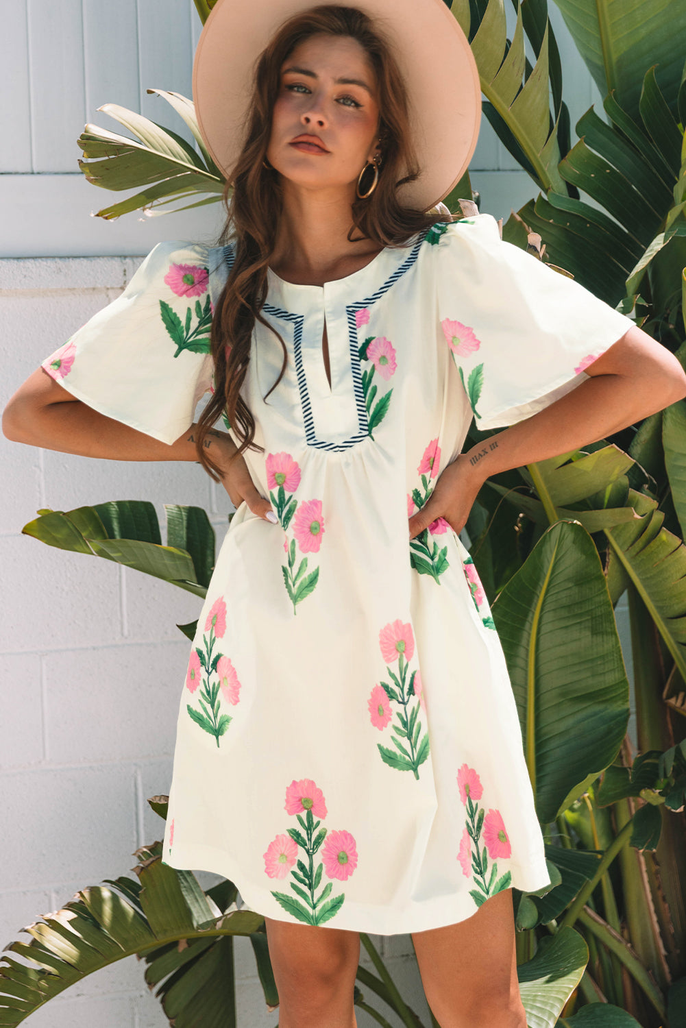 Apricot Floral Short Sleeve Split Neck Loose Mini Dress-Bella Boutique Collective
