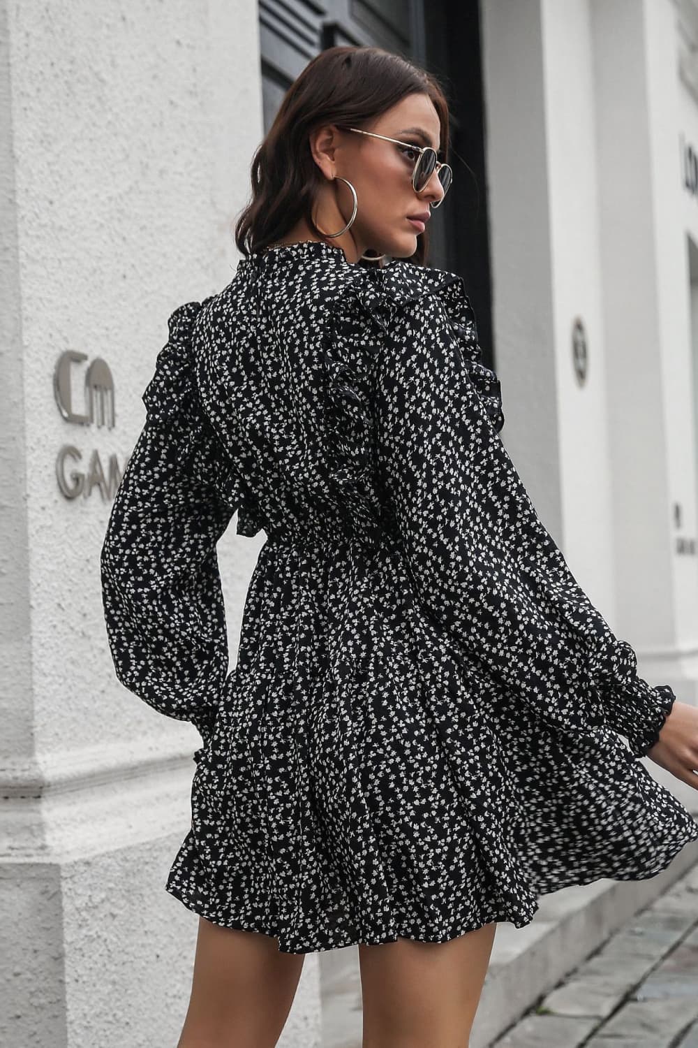 Printed Ruffle Trim Smocked Long Sleeve Mini Dress-Bella Boutique Collective