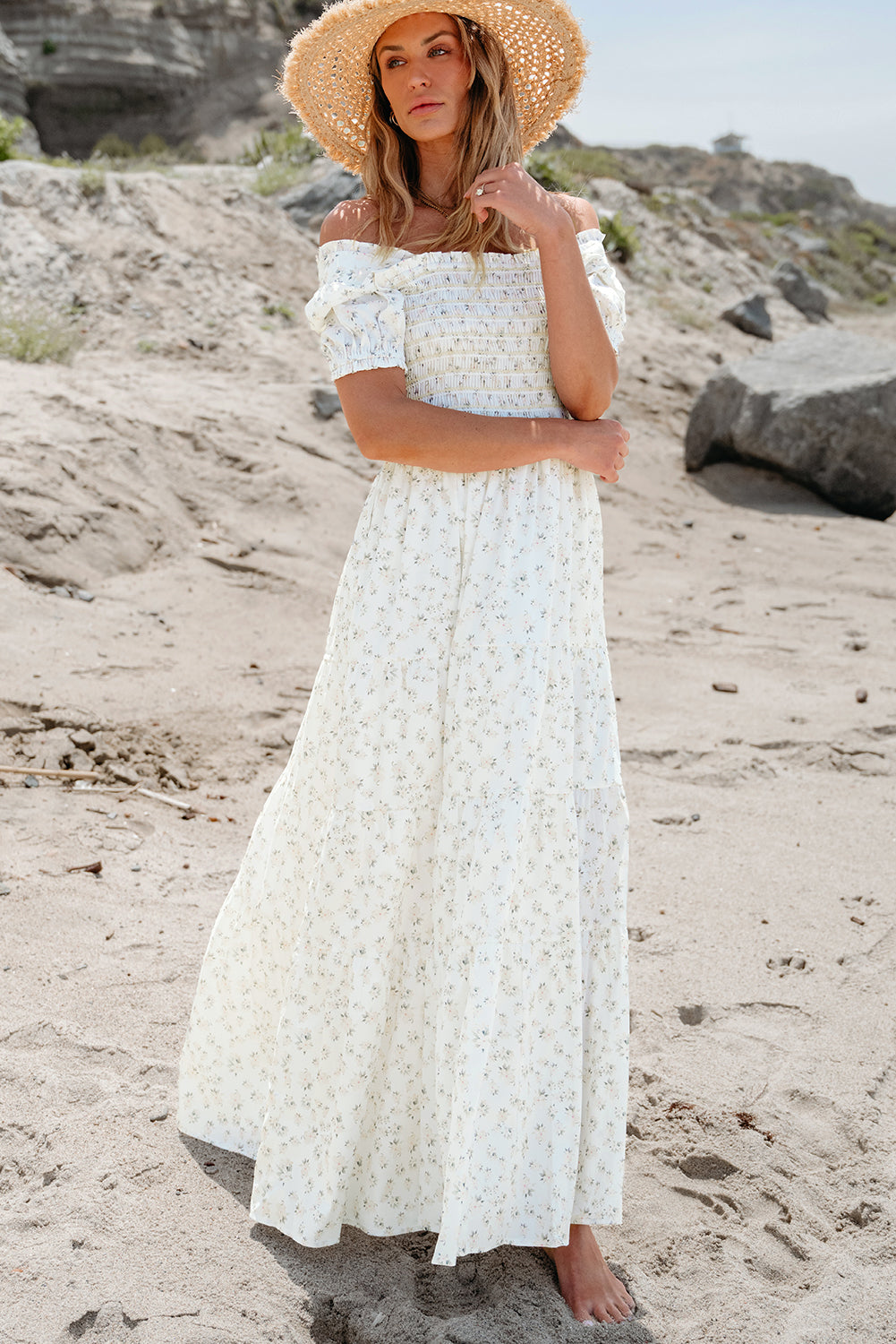 White Frilly Shirred Bodice Tiered Floral Maxi Dress-Bella Boutique Collective