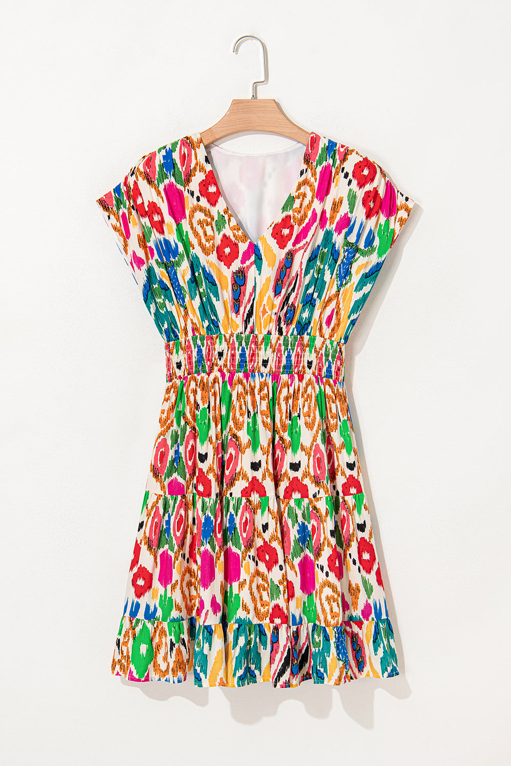 Sky Blue Abstract Print V Neck Dolman Sleeve Ruffle Tiered Mini Dress-Bella Boutique Collective