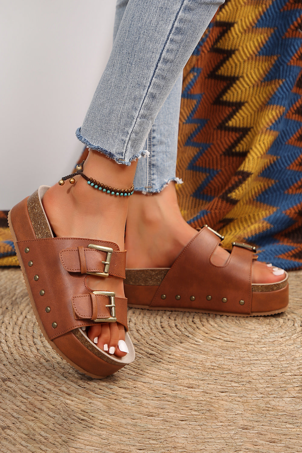 Chestnut Dual Buckle Studded Platform Sandal Slippers-Bella Boutique Collective