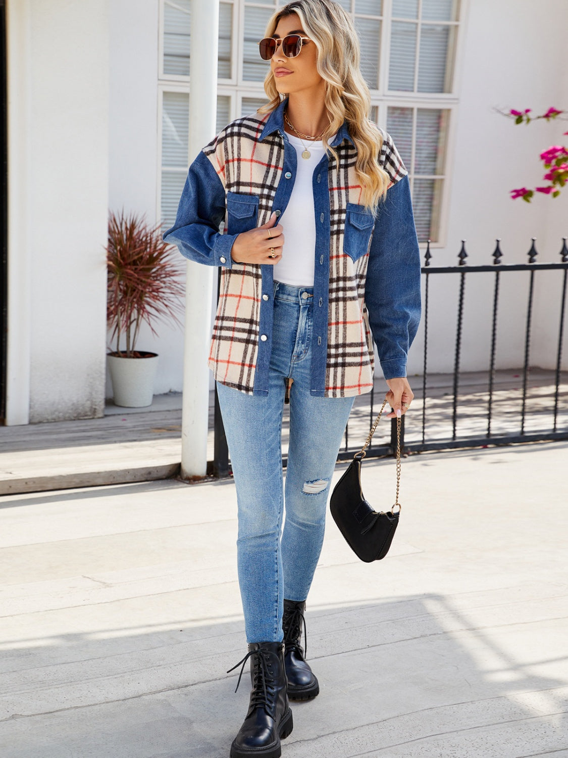 Plaid Long Sleeve Denim Jacket-Bella Boutique Collective