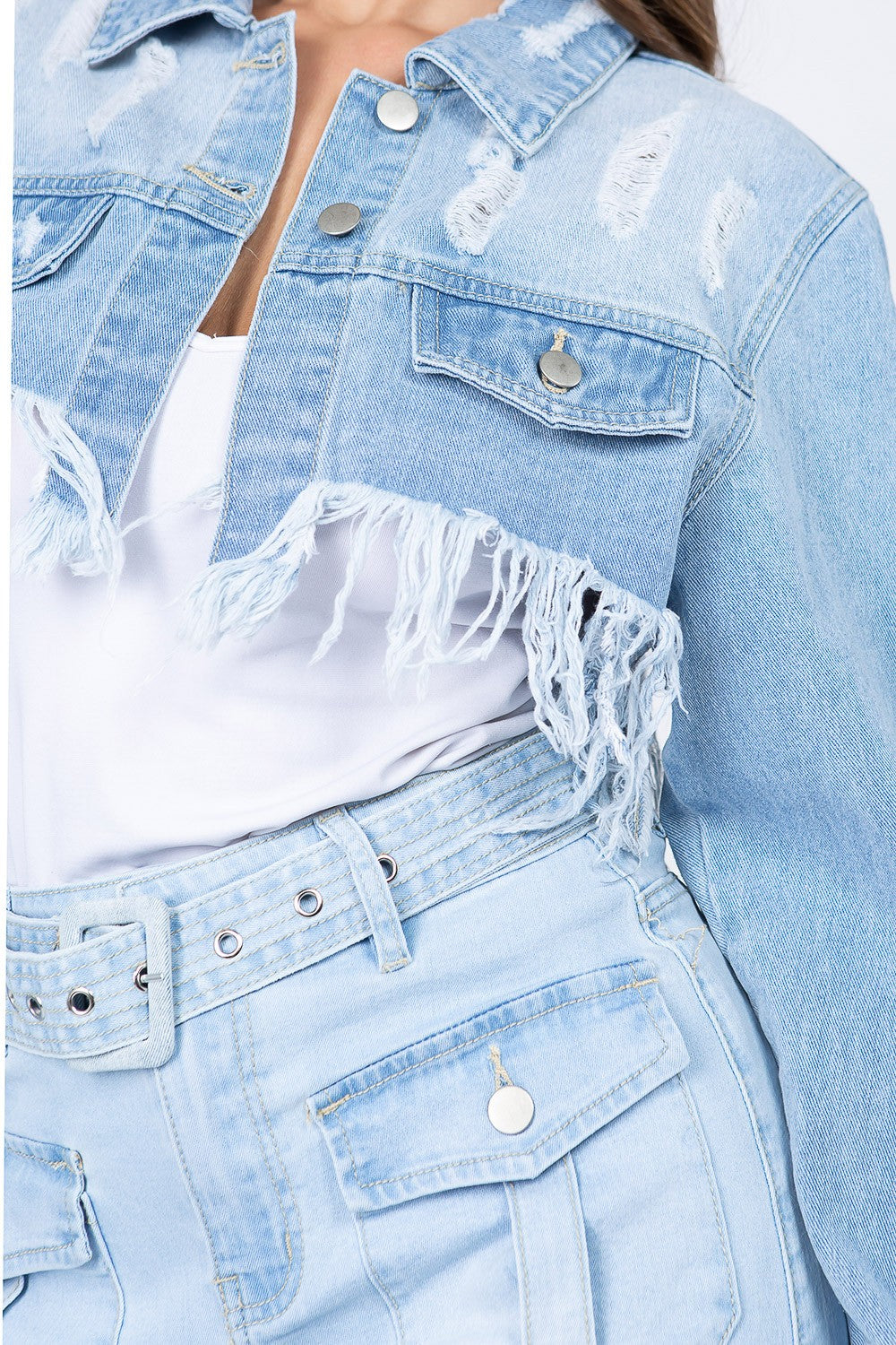 American Bazi Distressed Denim Jacket with Frayed Hem-Bella Boutique Collective