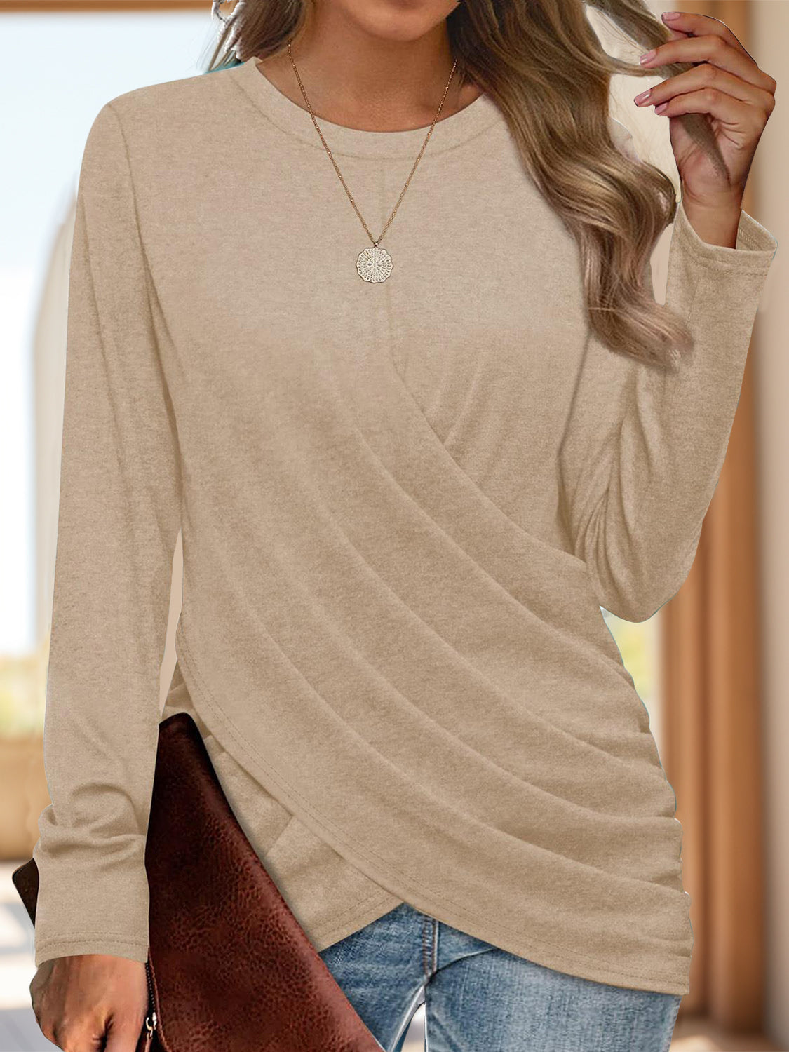 Ruched Round Neck Long Sleeve T-Shirt-Bella Boutique Collective