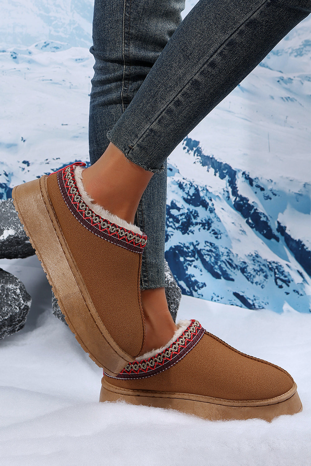 Chestnut Contrast Print Suede Plush Lined Snow Boots-Bella Boutique Collective