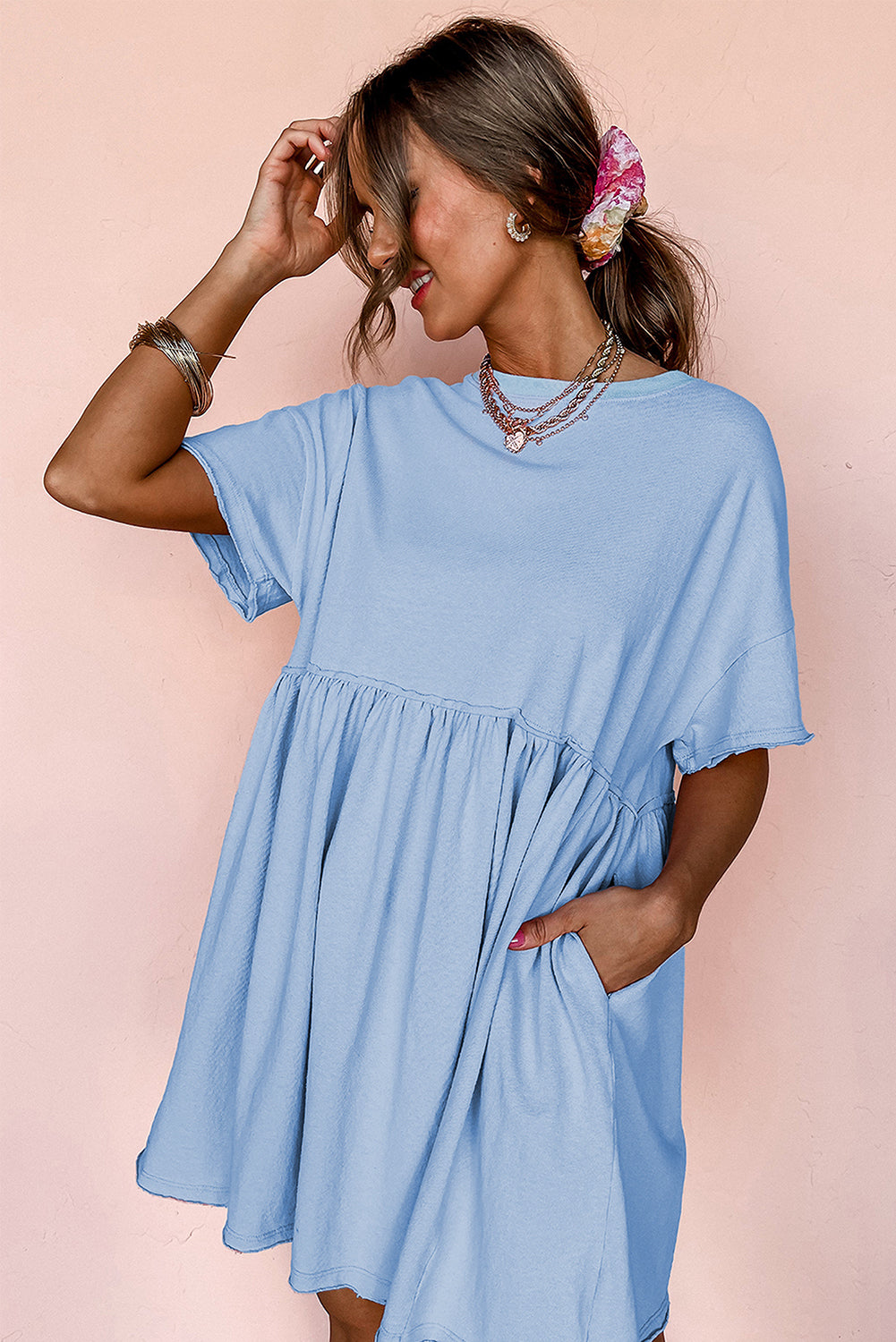 Sky Blue Solid Color Pocketed Raw Edge Babydoll Dress-Bella Boutique Collective