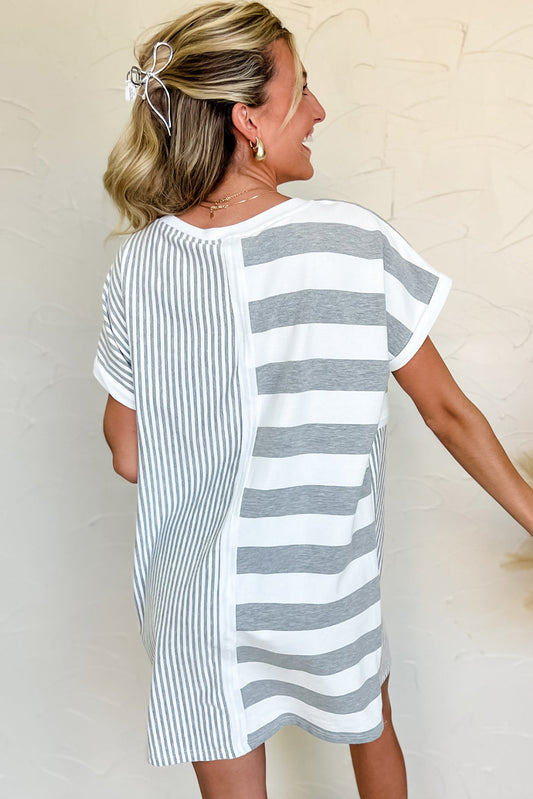 Gray Stripe Mixed Printed Short Sleeve Shift Mini T Shirt Dress-Bella Boutique Collective