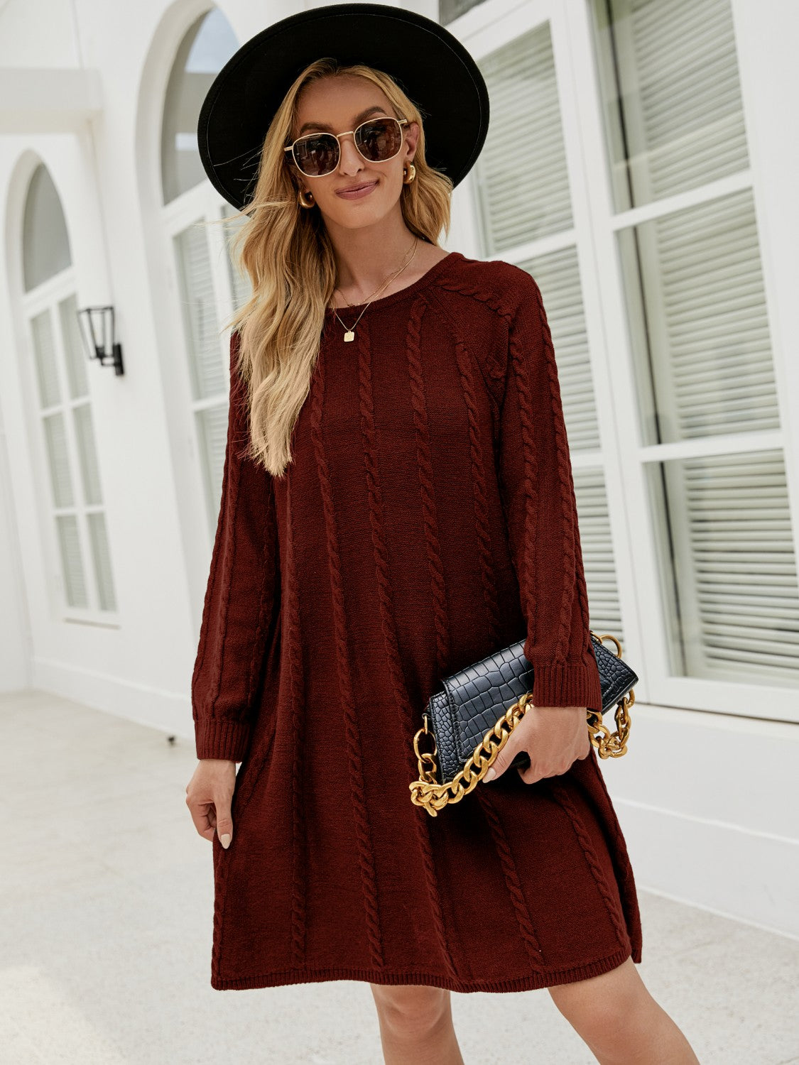 Cable-Knit Long Sleeve Sweater Dress-Bella Boutique Collective