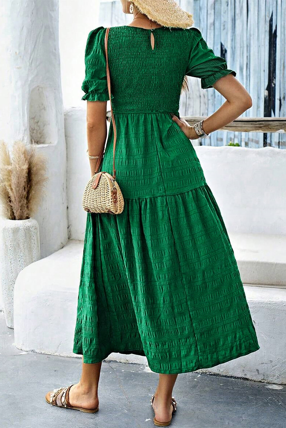 Dark Green Solid Textured Smocked Puff Short Sleeve High Waist Long Dress-Bella Boutique Collective