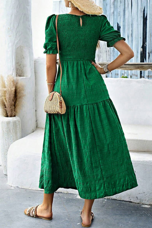 Dark Green Solid Textured Smocked Puff Short Sleeve High Waist Long Dress-Bella Boutique Collective