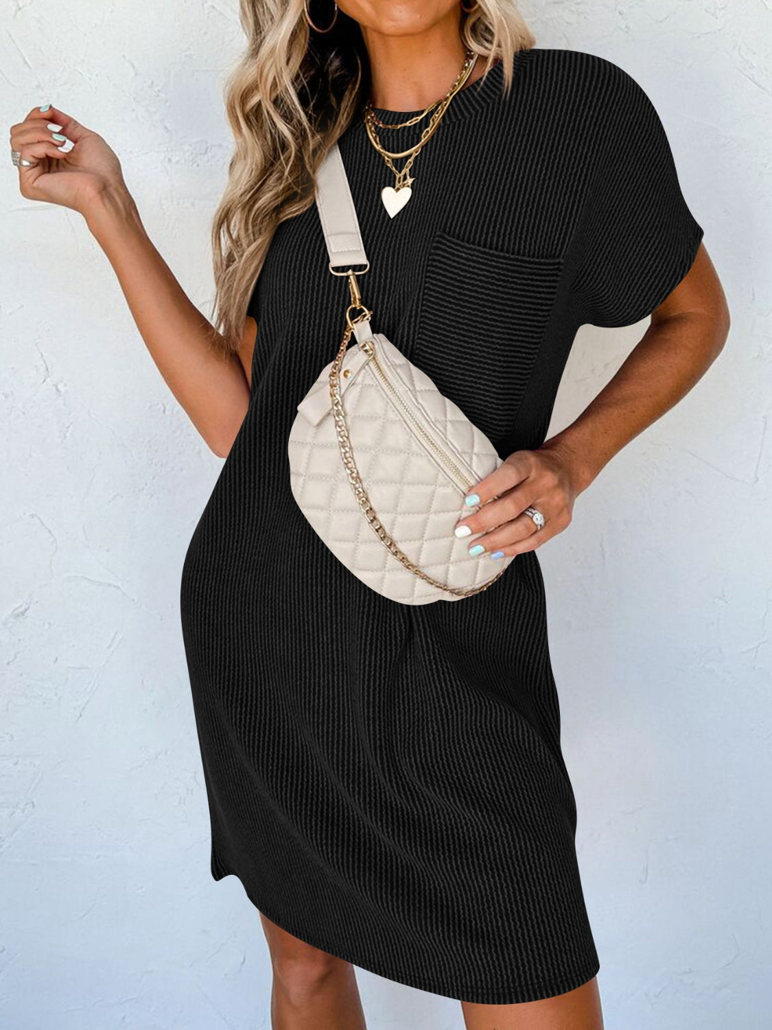 Lovelet Round Neck Short Sleeve Mini Dress-Bella Boutique Collective