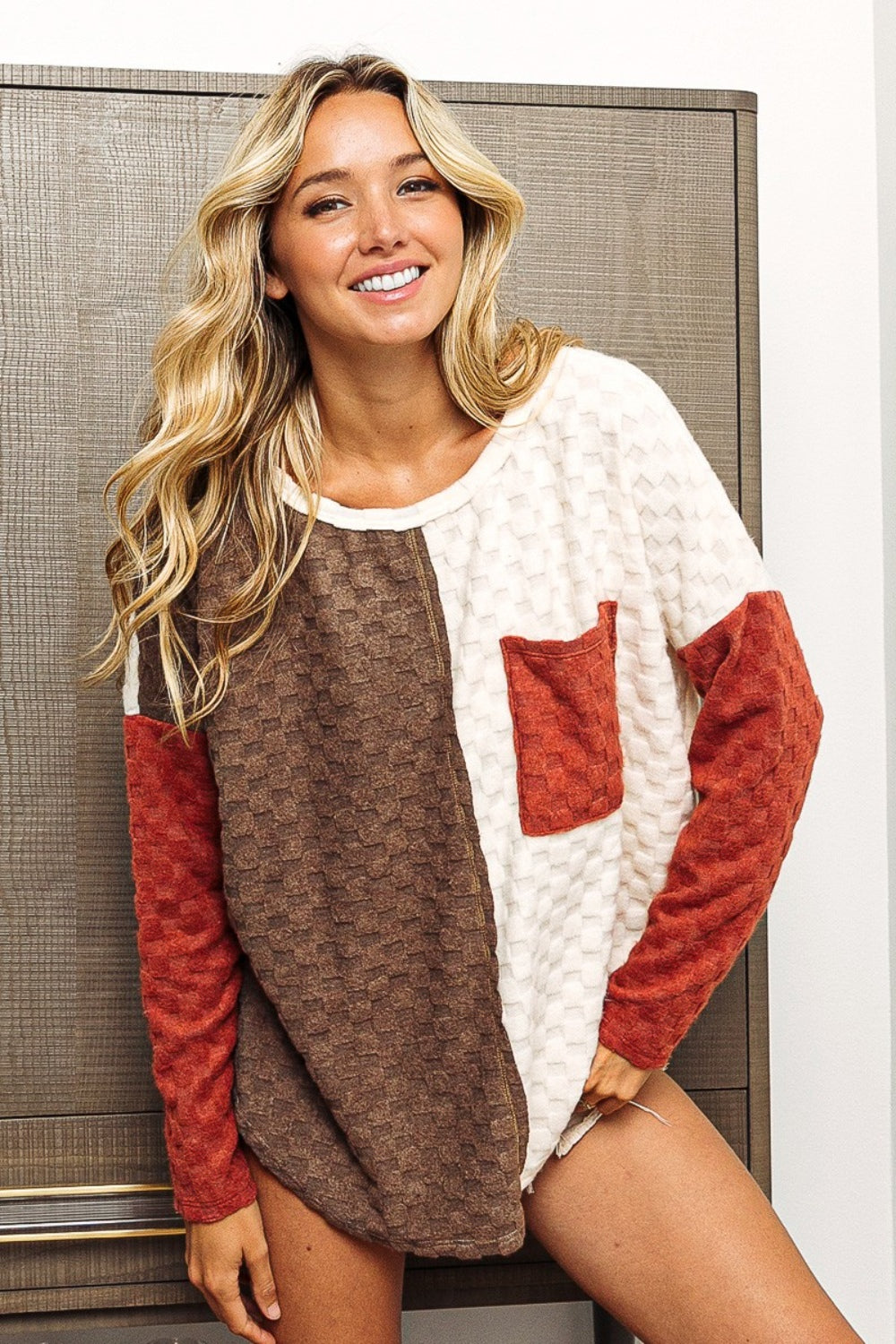 BiBi Color Block Brushed Checker Top-Bella Boutique Collective