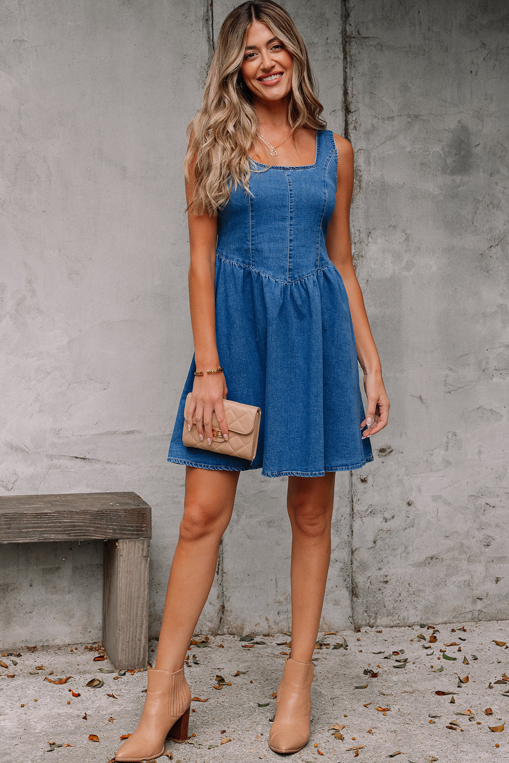 Sail Blue Square Neck Bowknot A-line Sleeveless Denim Dress-Bella Boutique Collective