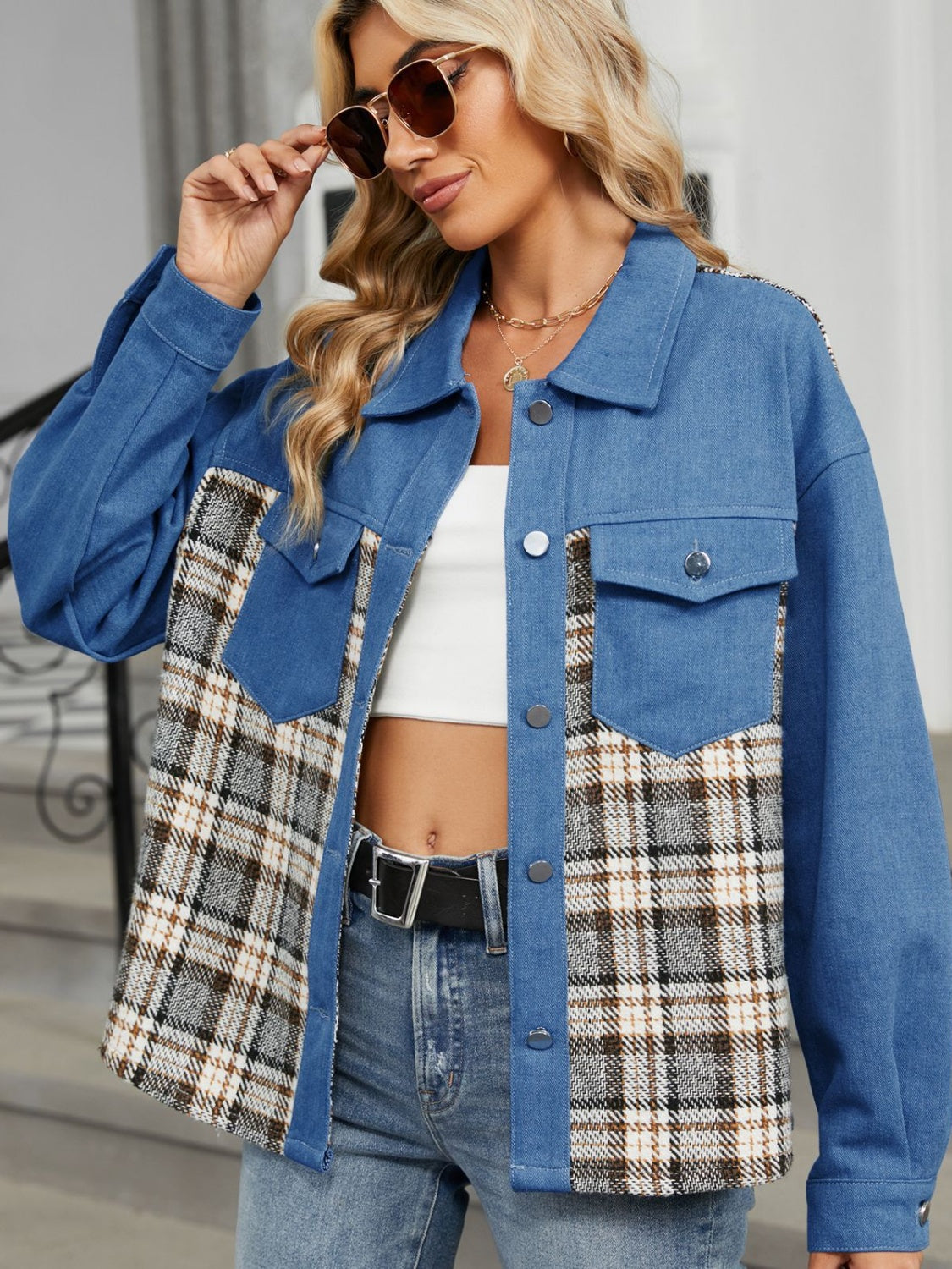 Plaid Button Up Long Sleeve Denim Jacket-Bella Boutique Collective