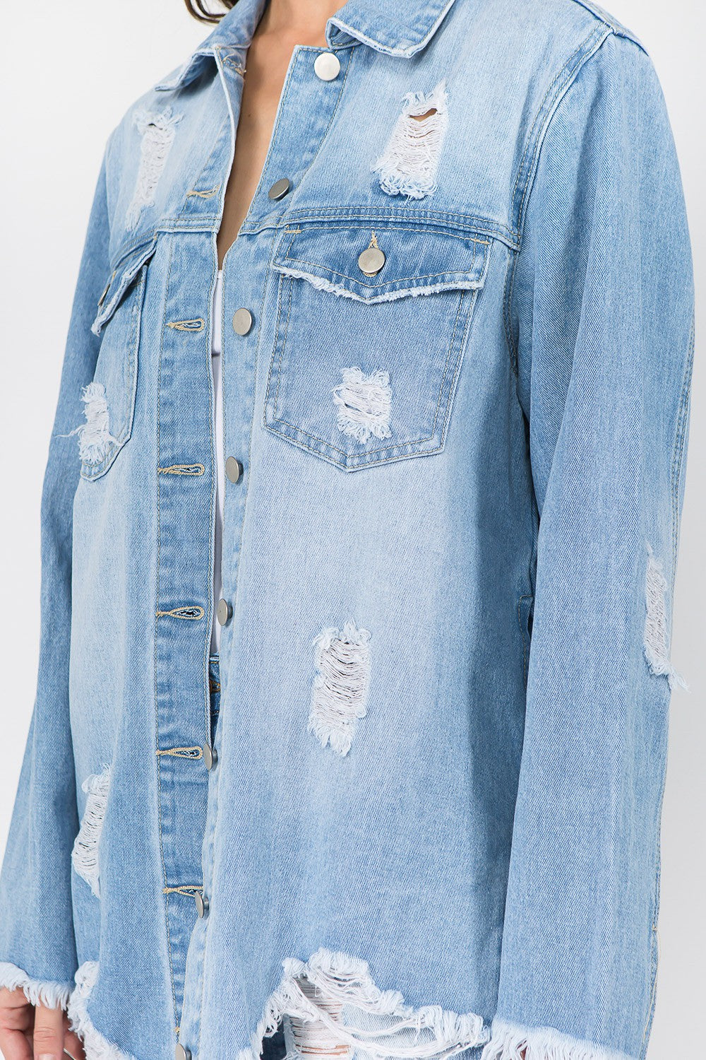 American Bazi Distressed Frayed Hem Denim Jacket-Bella Boutique Collective
