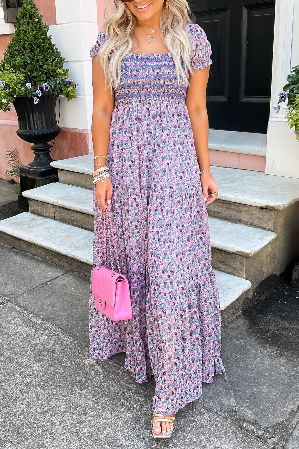 Purple Floral Short Bubble Sleeve Shirred High Waist Maxi Dress-Bella Boutique Collective