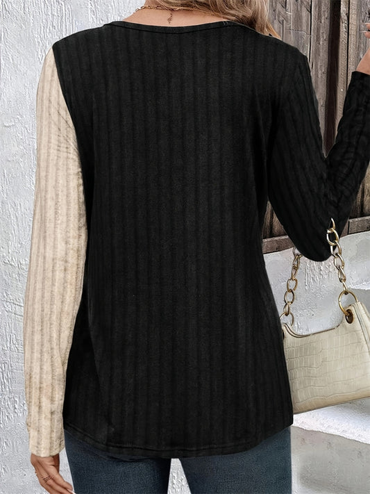 Decorative Button Contrast Round Neck Long Sleeve T-Shirt-Bella Boutique Collective