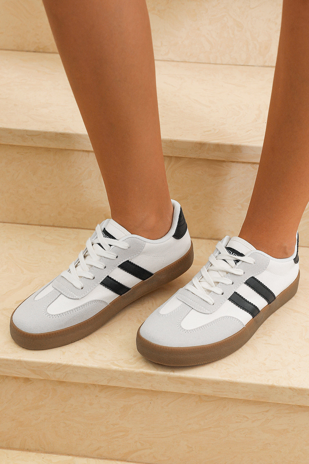 White Striped Lace-up Flat Sneakers-Bella Boutique Collective
