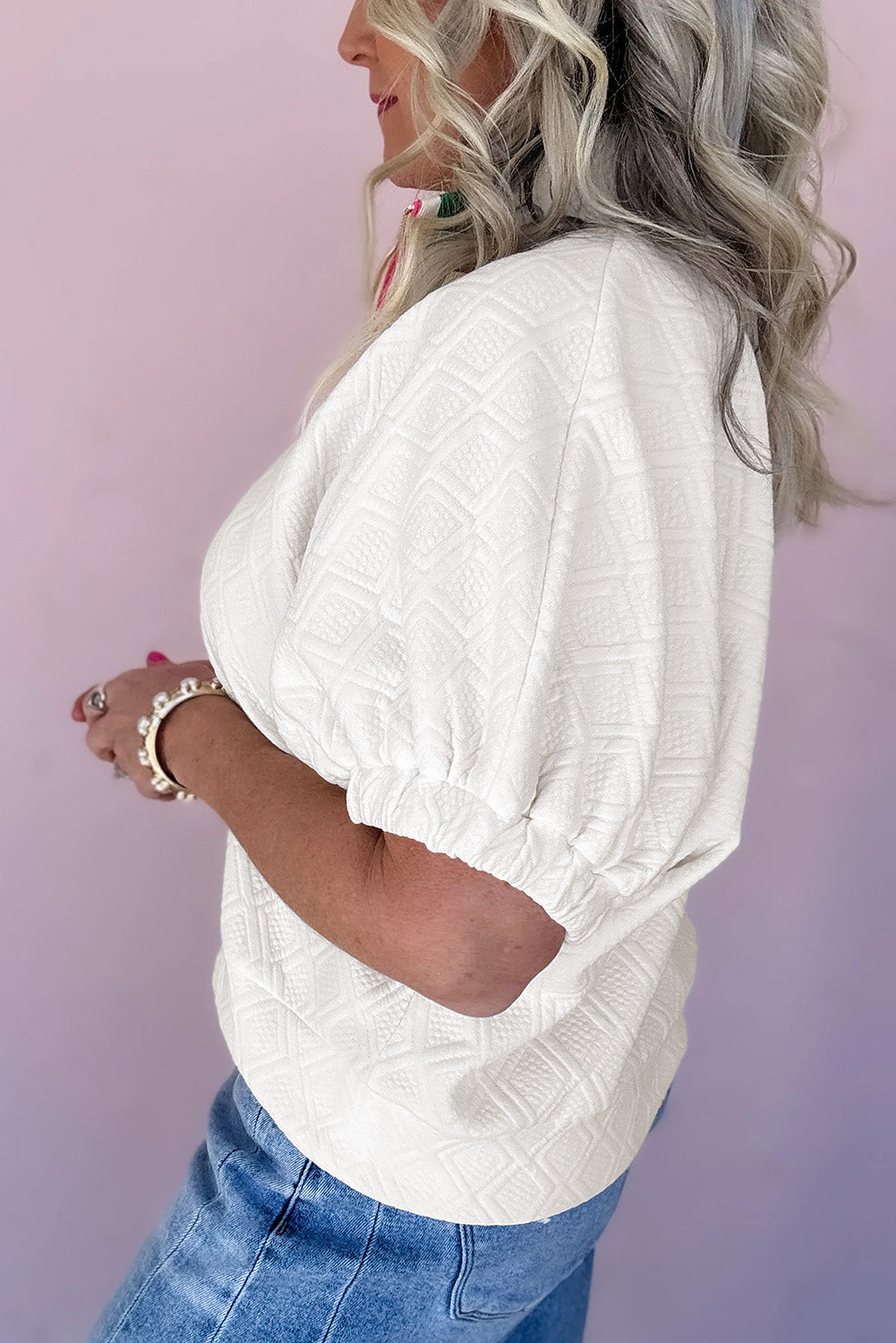 White Contrast Striped Collar Patchwork Textured Half Sleeve Blouse-Bella Boutique Collective