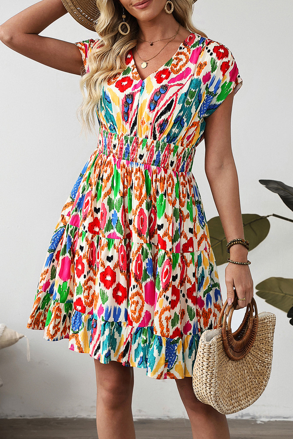 Sky Blue Abstract Print V Neck Dolman Sleeve Ruffle Tiered Mini Dress-Bella Boutique Collective