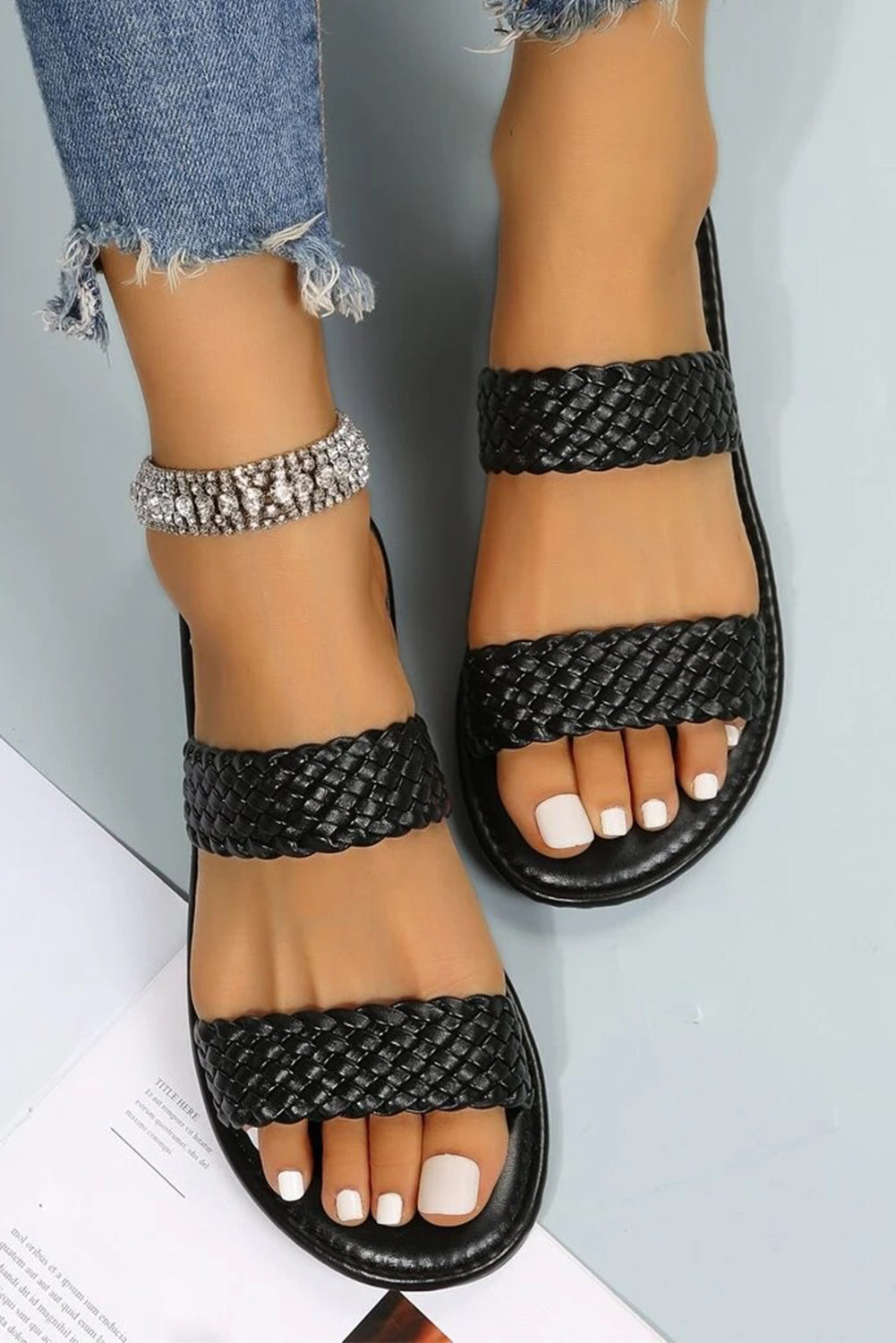 Black Braided Double Band Leathered Flat Slippers-Bella Boutique Collective