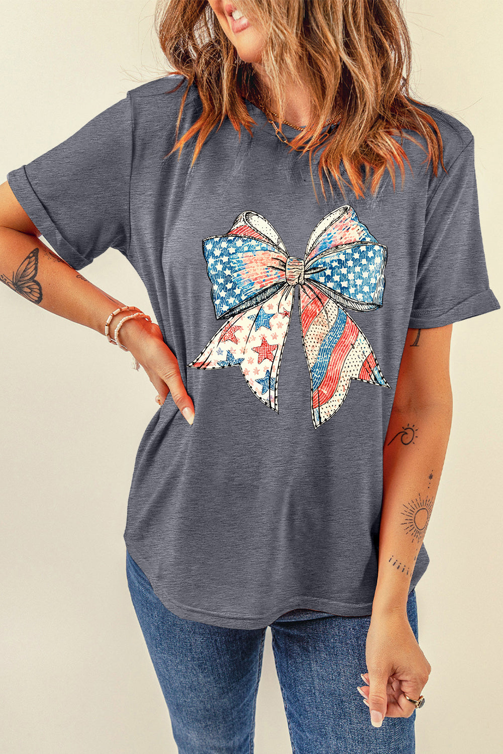 Gray US Flag Bow Print Round Neck Loose T Shirt-Bella Boutique Collective