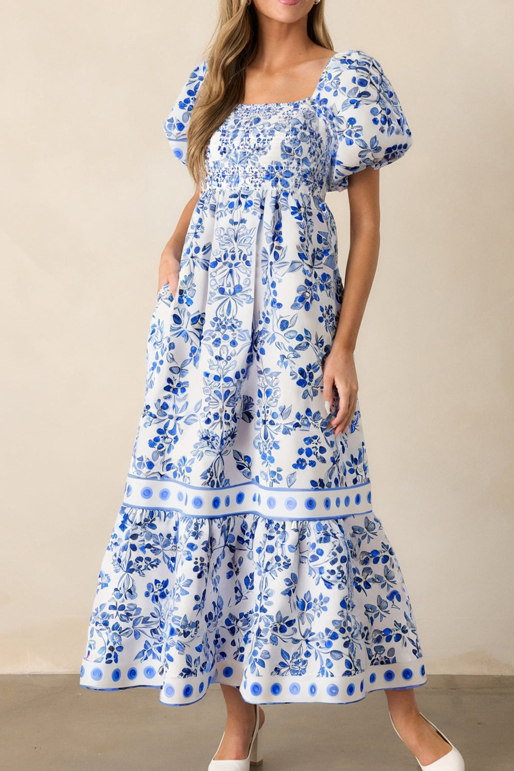 Sky Blue Floral Print Square Neck Bubble Sleeve High Waist Maxi Dress-Bella Boutique Collective