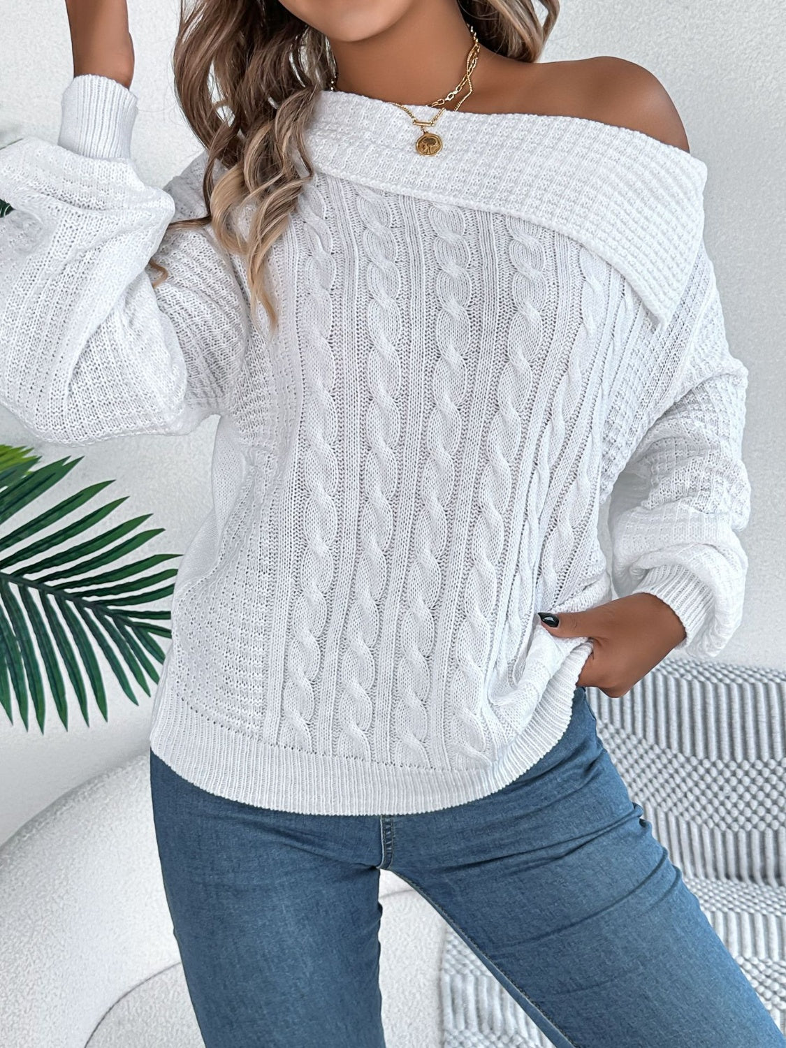 Cable-Knit One Shoulder Long Sleeve Sweater-Bella Boutique Collective