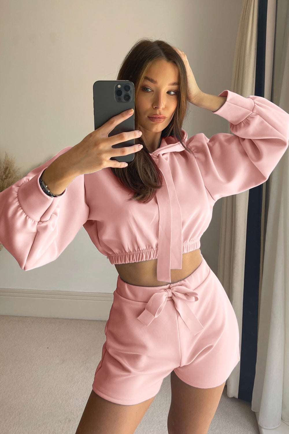 Drawstring Long Sleeve Hooded Top and Shorts Set-Bella Boutique Collective