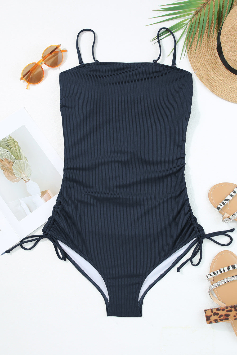 Navy Blue Ribbed Drawstring Sides Cutout One Piece Swimsuit-Bella Boutique Collective