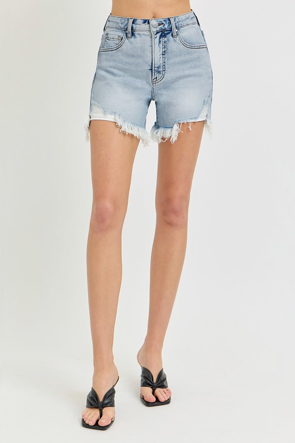RISEN High Rise Side Step Hem Denim Shorts-Bella Boutique Collective