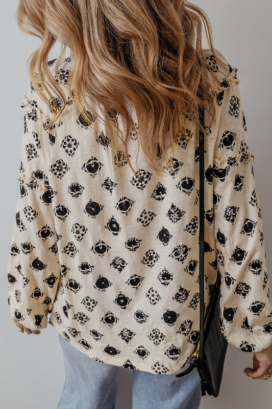 White Printed Split Neck Bubble Sleeve Loose Blouse-Bella Boutique Collective