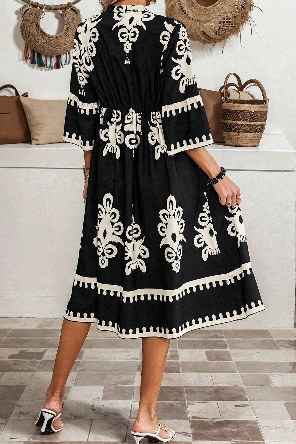 Black Western Geometric Print 3/4 Sleeve Loose Midi Dress-Bella Boutique Collective