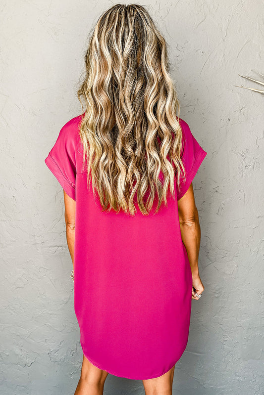 Rose Red Buttoned Collar Shift T-shirt Mini Dress-Bella Boutique Collective