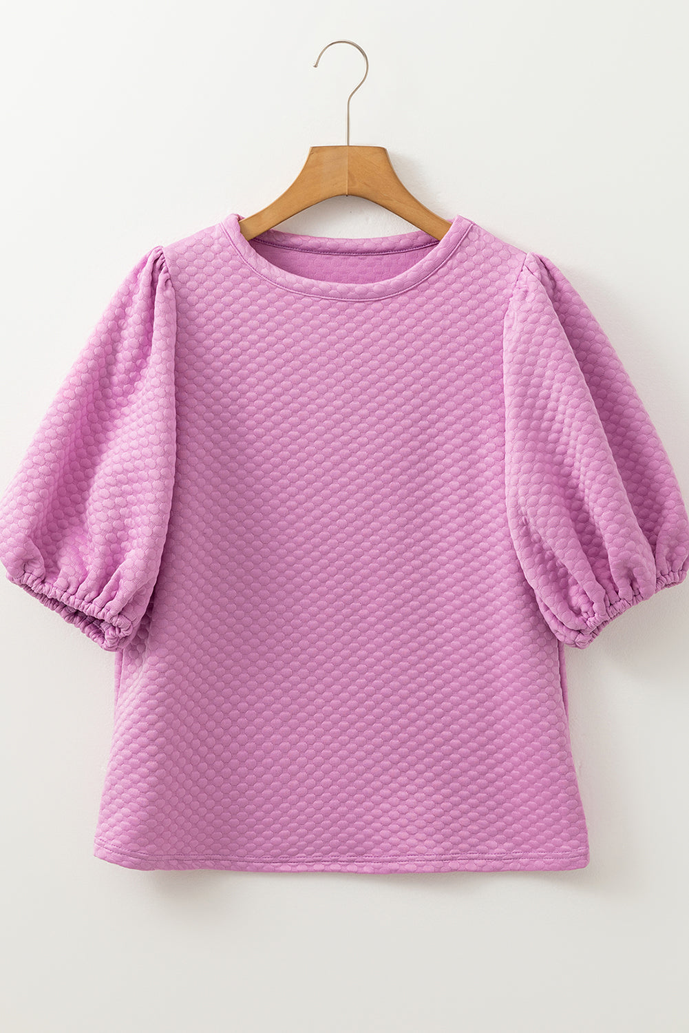 Phalaenopsis Solid Textured O Neck Puff Sleeve Blouse-Bella Boutique Collective