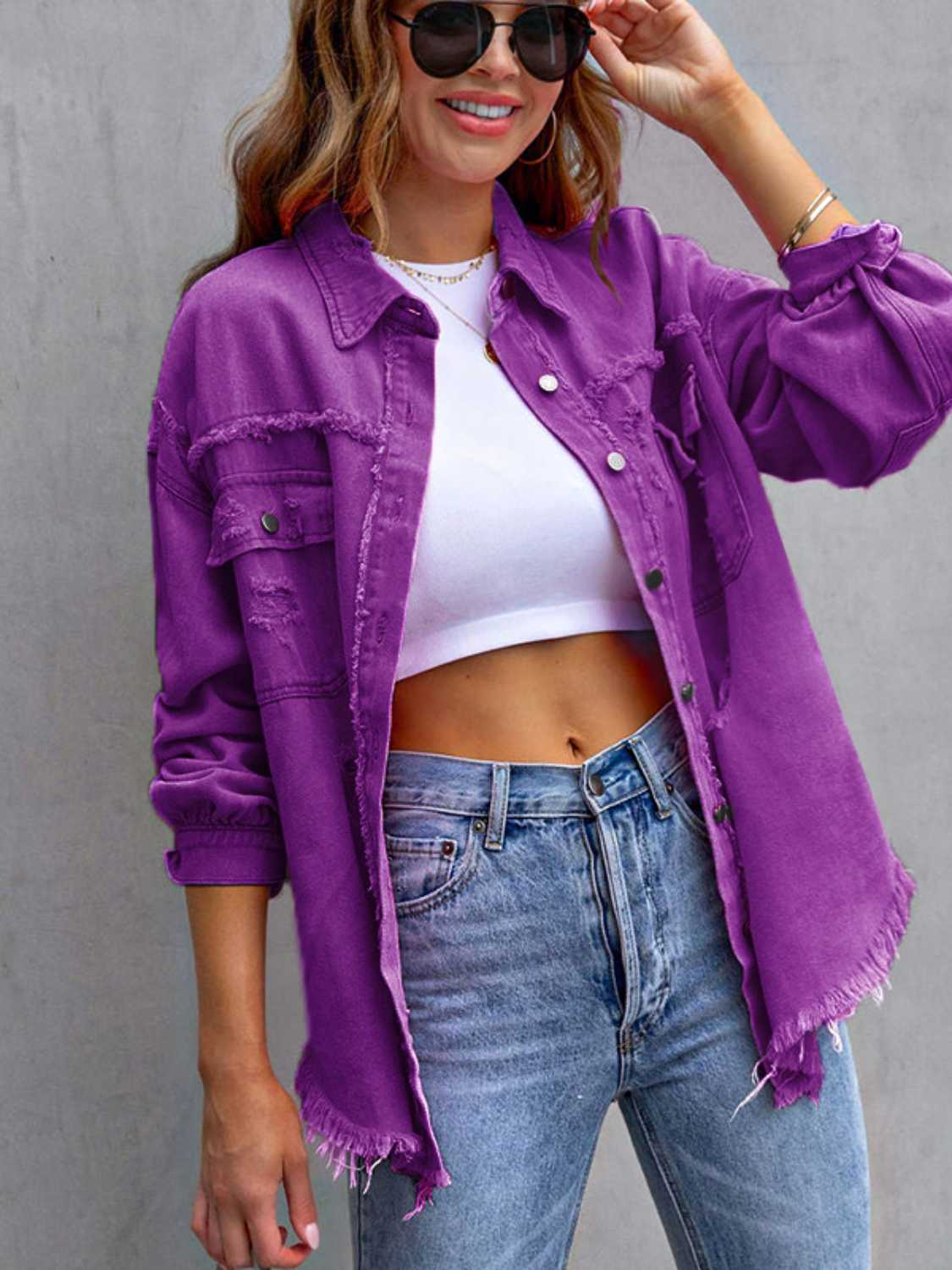 Distressed Drop Shoulder Denim Jacket-Bella Boutique Collective