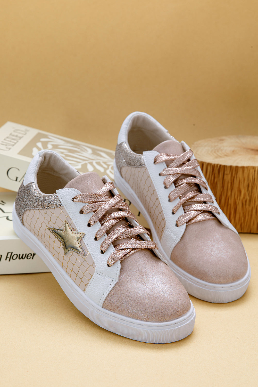 Gold Glitter Star Patchwork PU Leather Lace-up Sneakers-Bella Boutique Collective