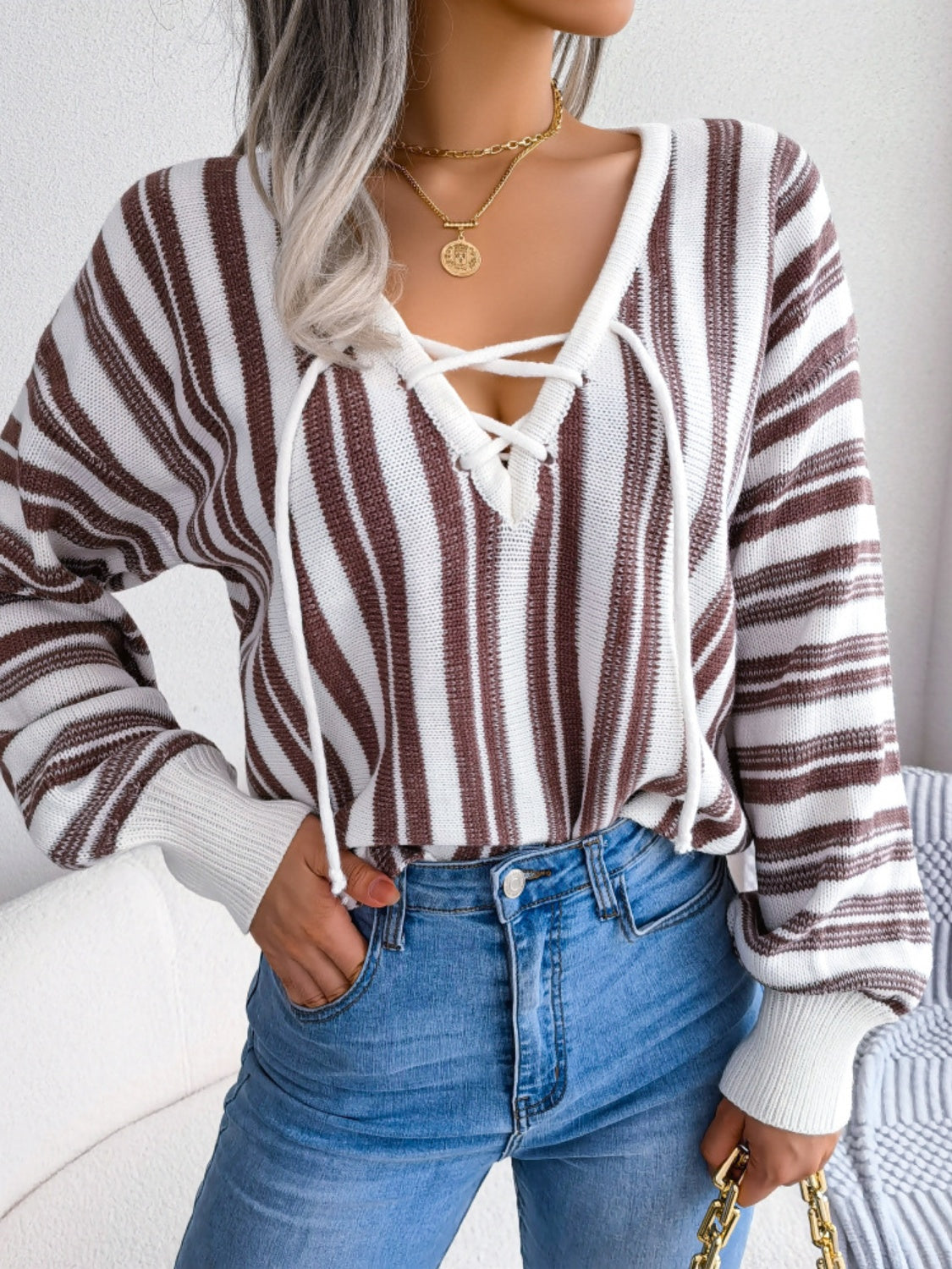 Striped Lace-Up Long Sleeve Sweater-Bella Boutique Collective